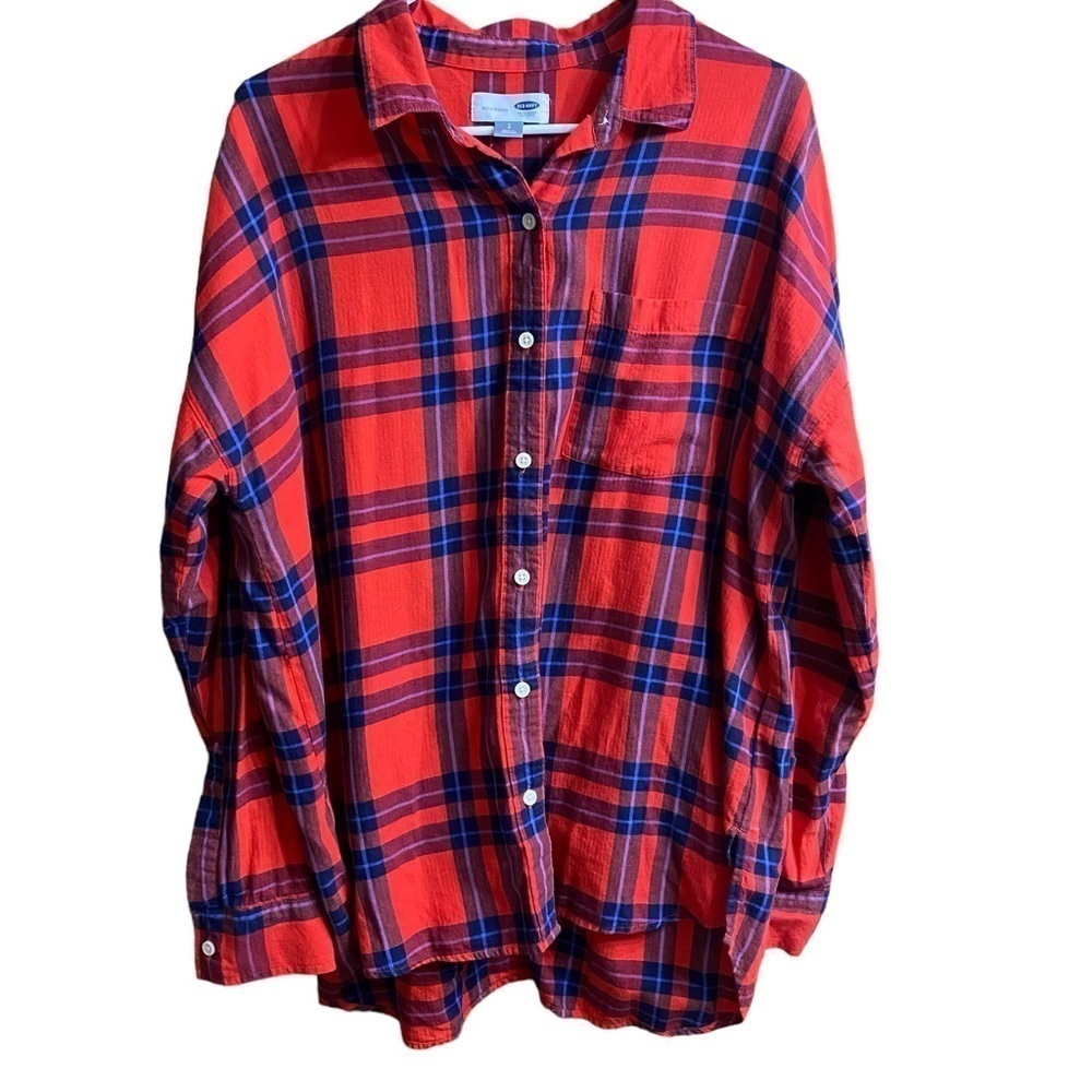 Old Navy Boyfriend Red Blue Plaid Button Down Shirt Size Large